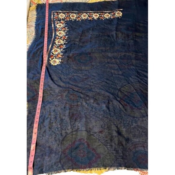 52” Scarf Blue w/ Yellow Orange Floral Embroidery Viscose Square Wrap Bohochic - Picture 1 of 4